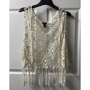 Rue 21 Crochet Vest With Fringe Juniors XL Cream Open Front Festival Hippie